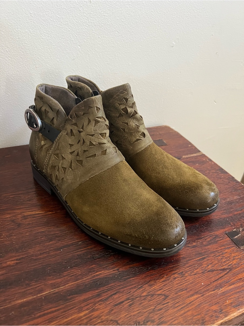 Miz Mooz Olive Suede Ankle Booties with Buckle Accent